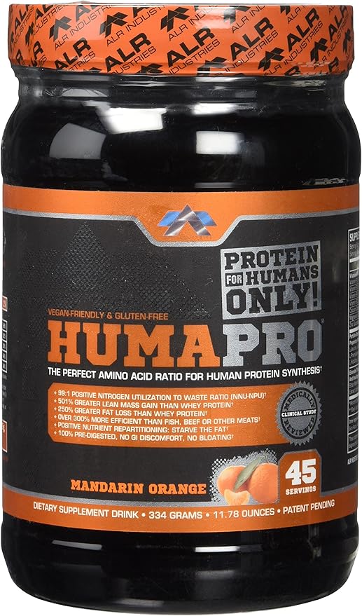 Humapro | Amino Acids Protein Matrix for Humans | 99% Utilization for Lean Muscle | Vegan, Gluten Free | 334g / 45 Servings (Mandarin Orange)