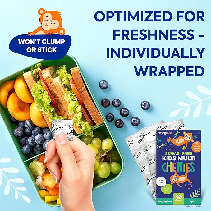 OmegaVia Sugar Free Kids Multivitamin Chewies - Daily Chewable Gummy Vitamins for Kids 3+, Vitamin A, C, D3, E, B6 & B12, Folate & More, Natural Orange Flavor, 30 Count