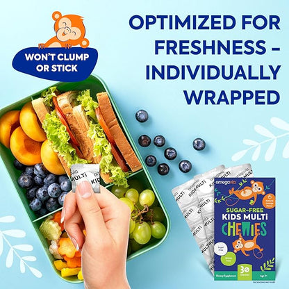 OmegaVia Sugar Free Kids Multivitamin Chewies - Daily Chewable Gummy Vitamins for Kids 3+, Vitamin A, C, D3, E, B6 & B12, Folate & More, Natural Orange Flavor, 30 Count