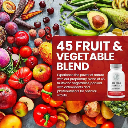 Tri-Core Essentials - 3 A Day Comprehensive Multivitamin Multimineral Complex with Probiotics, Prebiotics, Digestive Enzymes, Mushrooms, Adaptogens, and 45 Fruits and Vegetables - 180 Tablets