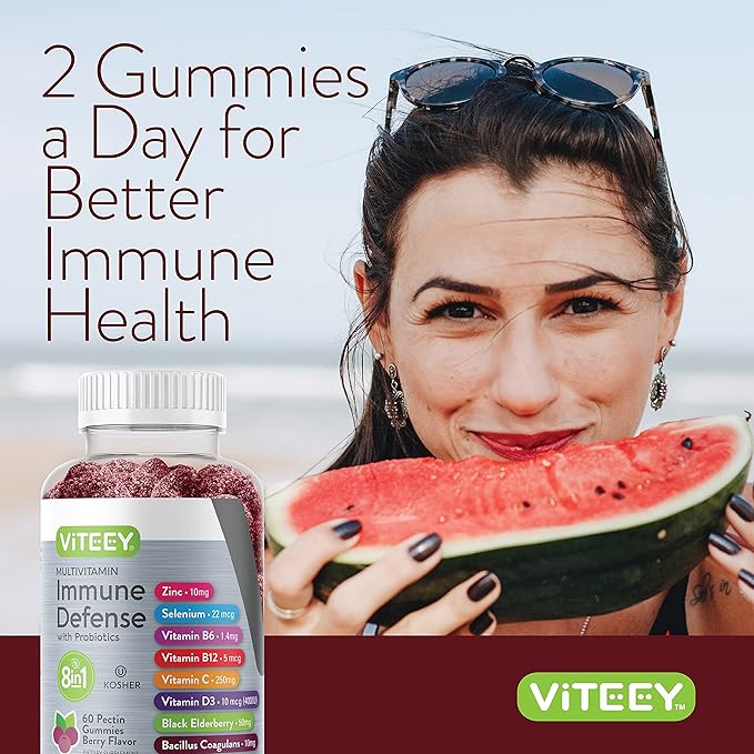 Multivitamin Gummies 8 in 1 Immune Support Supplement with Probiotics - Immune Boosters for Adults & Teens - Vegetarian, Gelatin Free, GMO Free - Chewable Berry Flavored Pectin Immune Defense Gummy