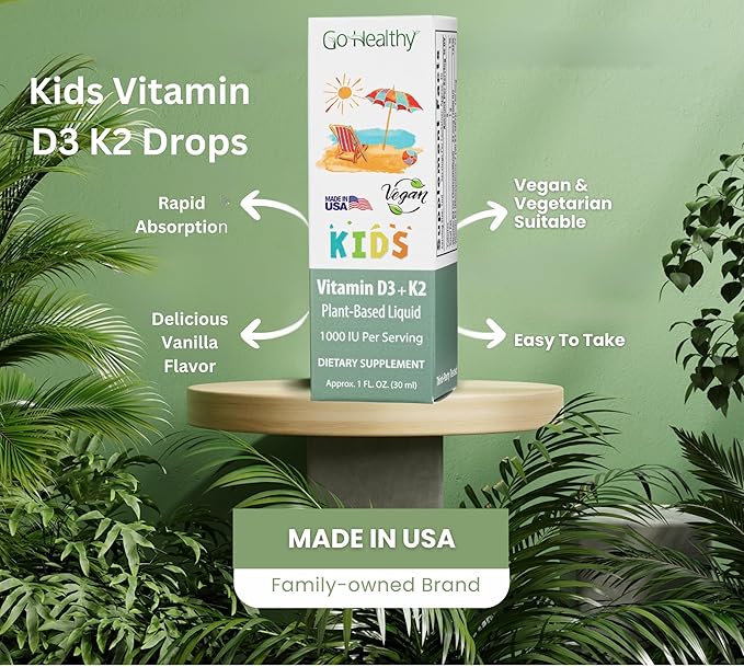 Go Healthy Vitamin D3 K2 (MK-7) All-Trans Drops for Kids - Easy-to-Absorb Vegan D Liquid, Children's Growth & Immune Support, Gluten Free, Delicious Vanilla Flavor - 30 Servings