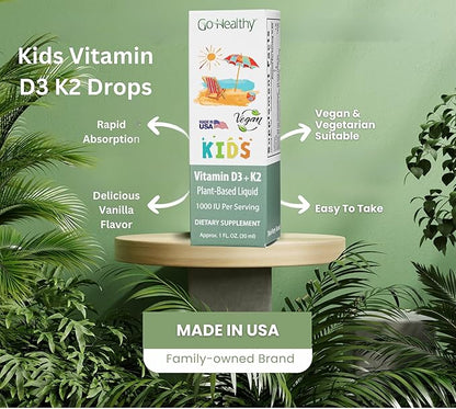 Go Healthy Vitamin D3 K2 (MK-7) All-Trans Drops for Kids - Easy-to-Absorb Vegan D Liquid, Children's Growth & Immune Support, Gluten Free, Delicious Vanilla Flavor - 30 Servings
