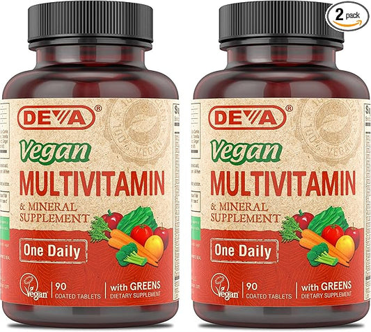DEVA Vegan Multivitamin & Mineral Supplement - Vegan Formula with Green Whole Foods, Veggies, and Herbs - High Potency - Manufactured in USA and 100% Vegan - 90 Count (Pack of 2)