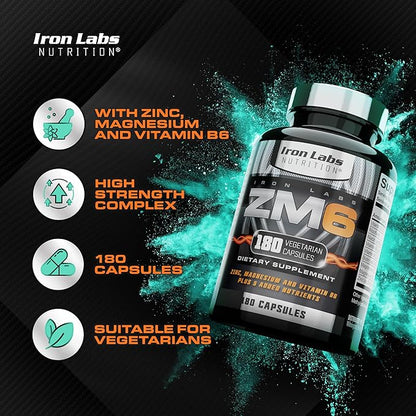 Iron Labs ZM6 - High Strength Zinc and Magnesium Supplement - 180 Vegetarian Capsules (3 Month Supply) - Super Enhanced Zinc Magnesium Aspartate and B6 Complex