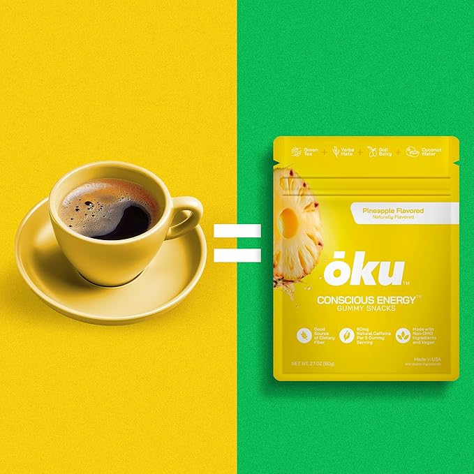 ōku Conscious Energy Gummy Snacks – Natural Caffeine from Green Tea & Yerba Mate, Vegan, Clean Ingredients, Gluten-Free, Focused Energy, Antioxidants & Fiber, Pineapple Pack of 12