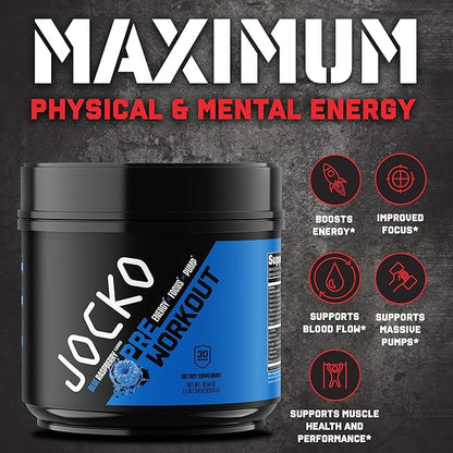 Jocko Fuel Ultimate Pre Workout Powder - Pre-Workout Energy Powder Drink for Men & Women - High Stim Sugar-Free Nootropic Blend to Support Muscle Pump, Energy, & Recovery 200mg Caffeine Blue Raspberry