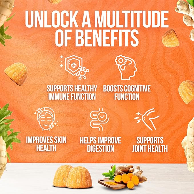 Turmeric Curcumin Gummies for Adults - Extract 8:1 2000mg - Black Pepper and Ginger Supplements for Joint Support - Vegan Chewable Vitamins Supplement - Peach Flavor Turmeric Gummy Chews