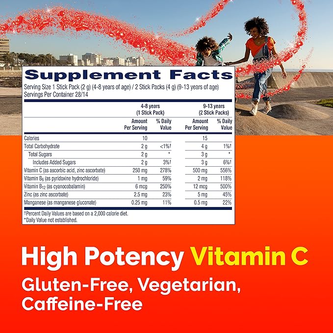 Emergen-C Kidz Crystals, Stocking Stuffer, On-the-Go Emergen-C Immune Support Supplement with Vitamin C, B Vitamins, Zinc and Manganese, Sparkly Strawberry - 56 Stick Packs