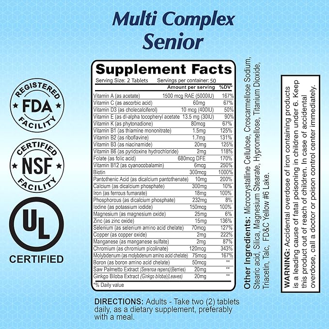 Multi Complex Senior - Nutritional Vitamins & Minerals for People Over 50 - Supports Cellular Energy Production and Every Day Health- 100 Tablets