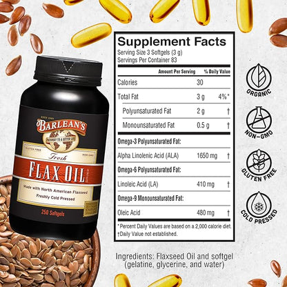 Barlean's Flaxseed Oil Softgels, Cold-Pressed Flax Seed Supplement with 1,650 mg ALA Omega-3 Fatty Acids for Joint & Heart Health, 1000mg, 250 ct