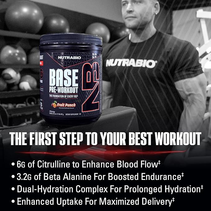 NutraBio Base Pre-Workout Sports Nutrition Powder - Sustained Energy, Mental Focus, Endurance, Hydration - Preworkout for Men and Women - Increase Energy- 30 Servings - Fruit Punch