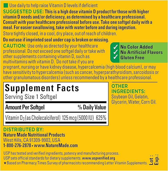 Nature Made Extra Strength Vitamin D3 5000 IU (125 mcg), Dietary Supplement for Bone, Teeth, Muscle and Immune Health Support, 180 Softgels, 180 Day Supply