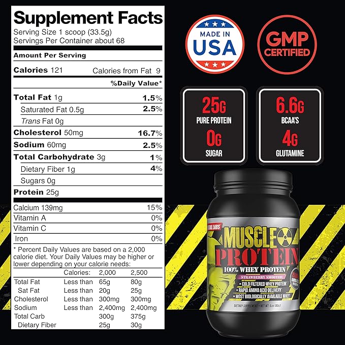 Muscle Protein Whey Powder [5 lbs/Pack of 1]–Strawberry Protein Powder, Cold Filtered, 25g Pure Protein, 6.6g BCAAs (Packaging May Vary)