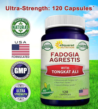 aSquared Nutrition Fadogia Agrestis 1000mg & Tongkat Ali 400mg - 120 Capsules - Fadogia Agrestis Extract Supplement and Powder Complex Pills