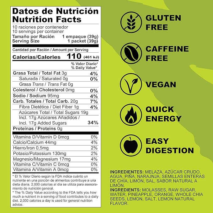 MOUK Energy Workout & Sports Nutrition Energy Gel - Lemon Flavor All Natural with Whole Chia Seeds | Easy Digestion, Vegan, Gluten Free, Essential Electrolyte | 1.38 Ounce (Pack of 10)