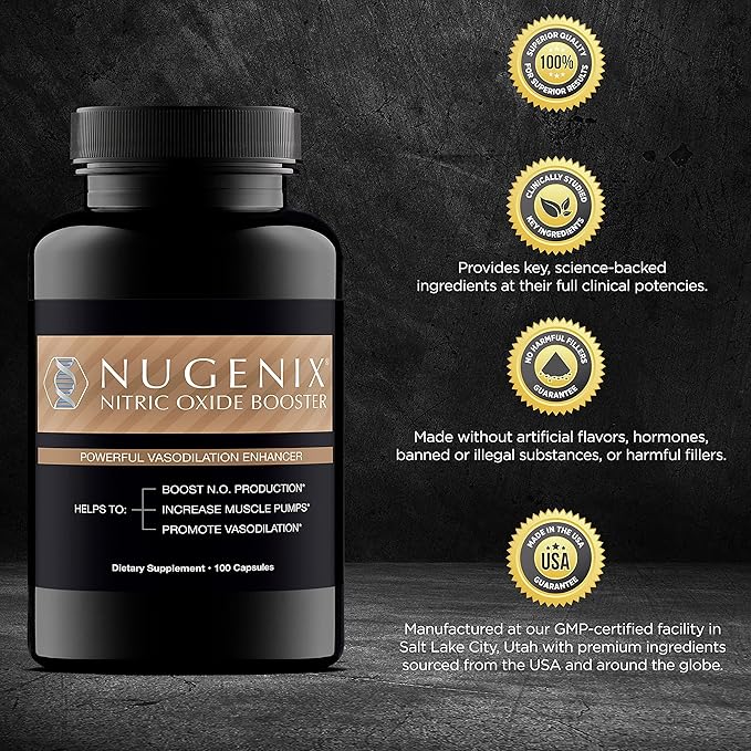 Nugenix Nitric Oxide Booster Supplement - Nitric Oxide Flow, L-Arginine, L-Citrulline, Pine Bark Extract - Vasodilator - 100 Capsules
