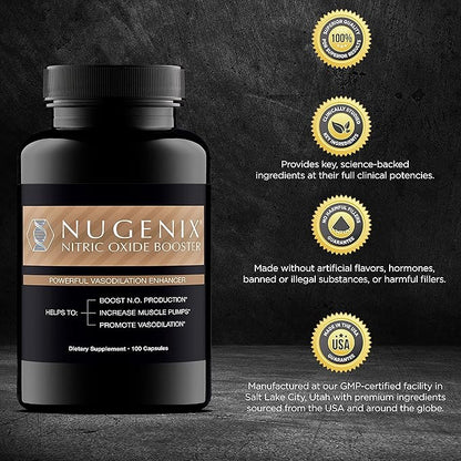 Nugenix Nitric Oxide Booster Supplement - Nitric Oxide Flow, L-Arginine, L-Citrulline, Pine Bark Extract - Vasodilator - 100 Capsules
