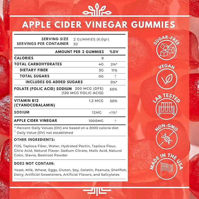 Apple Cider Vinegar Gummies - Sugar Free Apple Cider Gummies with Vitamin B12 and Beetroot Powder - Vegan, Non-GMO & Gluten-Free, Made in USA (30 Servings)