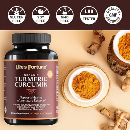 Life's Fortune Organic Turmeric Curcumin with Black Pepper and Ginger, Enhanced Absorption, Extra Strength Supplement, Joint & Immune Support, Non-GMO, 180 Cap - 2250mg