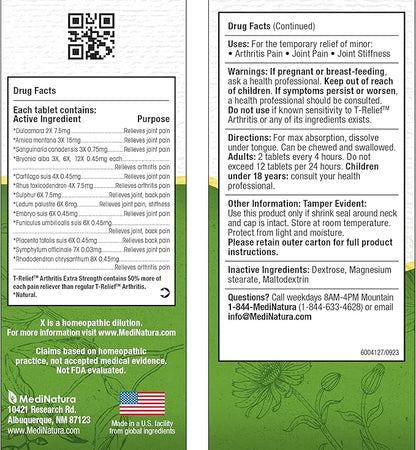 T-Relief Extra Strength Arthritis Pain Reliever Arnica +12 Natural Medicines for Joint Soreness Stiffness Aches, Quick Dissolving Pain Relief for Women & Men - 100 Tablets