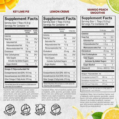 Barlean's Omega 3 Fish Oil Liquid Supplement Pack of 3, EPA and DHA Fatty Acid, Smoothie Flavored for Brain, Joint, and Heart Health, Includes Key Lime Pie, Lemon Crème and Mango Peach Flavors, 8 oz