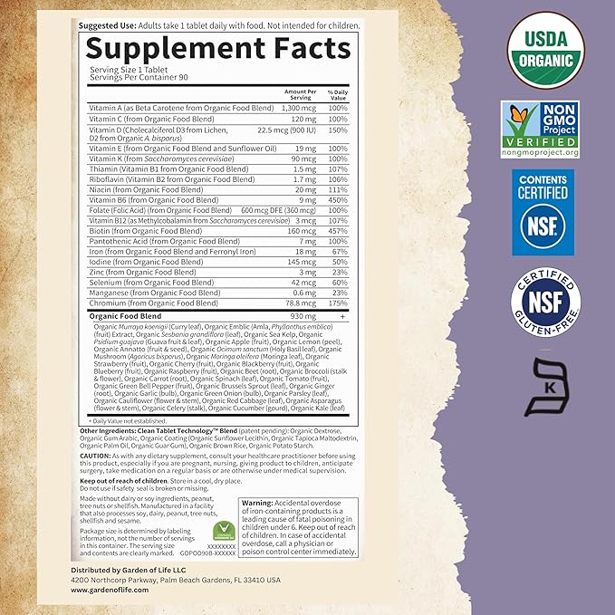 Garden of Life Organics Prenatal Vitamin: Folate for Energy & Healthy Fetal Development, Non-constipating Iron, Vitamin C, B6, B12, D3 – Organic, Non-GMO, Gluten-Free, Vegan, 90 Day Supply