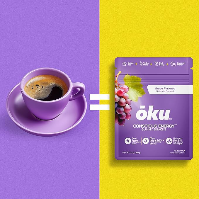 ōku Conscious Energy Gummy Snacks – Natural Caffeine from Green Tea & Yerba Mate, Vegan, Clean Ingredients, Gluten-Free, Focused Energy, Antioxidants & Fiber, Grape Pack of 12