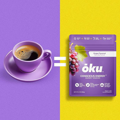 ōku Conscious Energy Gummy Snacks – Natural Caffeine from Green Tea & Yerba Mate, Vegan, Clean Ingredients, Gluten-Free, Focused Energy, Antioxidants & Fiber, Grape Pack of 12