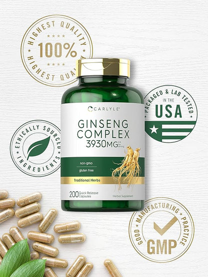 Carlyle Ginseng Complex Capsules | 200 Count | Non-GMO and Gluten Free Extract | Traditional Herbal Root Supplement