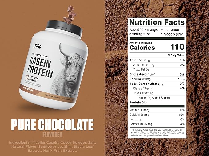 Levels 100% Micellar Casein Protein, Hormone Free, Chocolate, 4LB