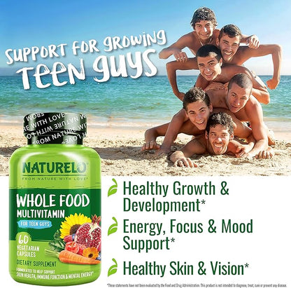 NATURELO Whole Food Multivitamin for Teenage Boys - Vitamins and Minerals Supplement for Active Kids - with Plant Extracts - Non-GMO - Vegan & Vegetarian - 60 Count (Pack of 2)
