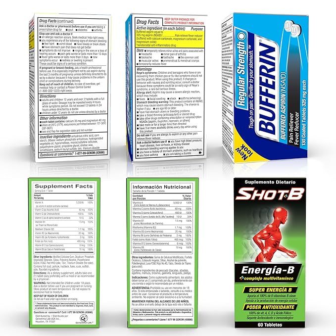 SueroX Kit Electrolyte Drinks Berry Blast, Coconut Refresh, Lemon Lift - 21.3 Fl Oz each,Bufferin Aspirin 130ct, Shot B Energy Multivitamin 60ct,