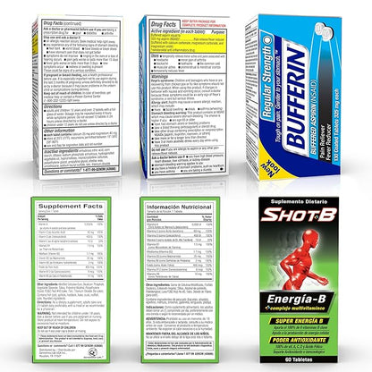 SueroX Kit Electrolyte Drinks Berry Blast, Coconut Refresh, Lemon Lift - 21.3 Fl Oz each,Bufferin Aspirin 130ct, Shot B Energy Multivitamin 60ct,