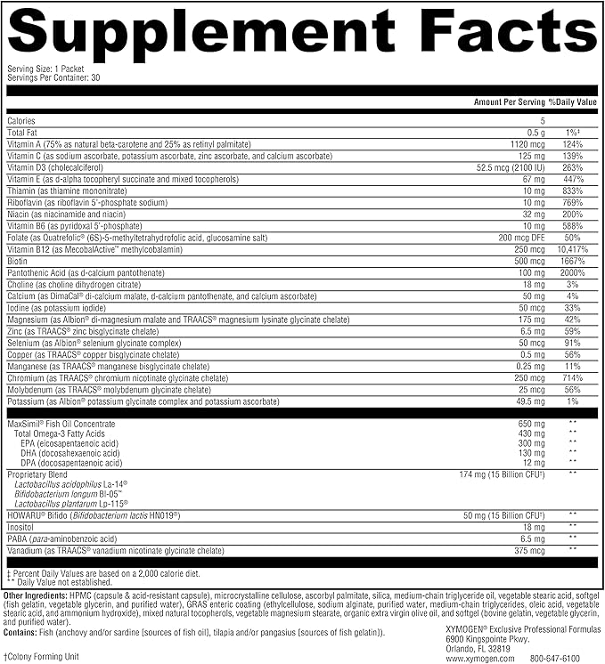 XYMOGEN Foundation Essentials - 5-Product Packets with ProbioMax Probiotic, ActivNutrients Multivitamin Without Iron, Omega MonoPure 650 Fish Oil, OptiMag Magnesium + Vitamin D3 2000 (30 Packets)