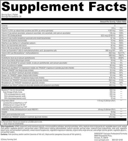 XYMOGEN Foundation Essentials - 5-Product Packets with ProbioMax Probiotic, ActivNutrients Multivitamin Without Iron, Omega MonoPure 650 Fish Oil, OptiMag Magnesium + Vitamin D3 2000 (30 Packets)
