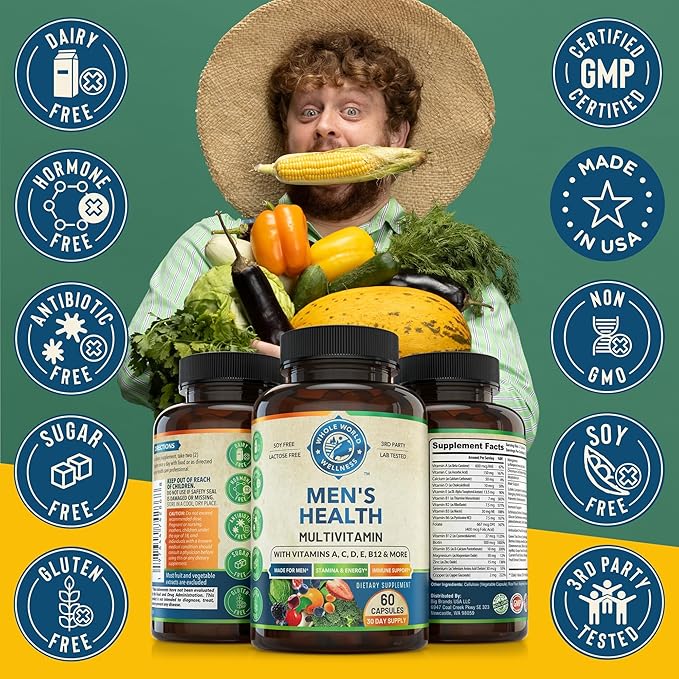 Mens Daily Multivitamin Multimineral Supplement for Energy, Focus, Stamina & Performance. Made for Men with 30+ Nutrients, Fruit & Energy Blend. Mens Vitamins USA Made 60 Capsules