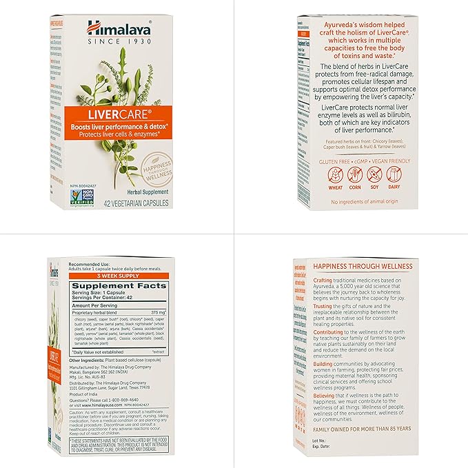 Himalaya LiverCare for Total Liver Support, Cleanse and Detox, Protects Cells & Enzymes, 375 mg, 42 Capsules, 3 Week Supply