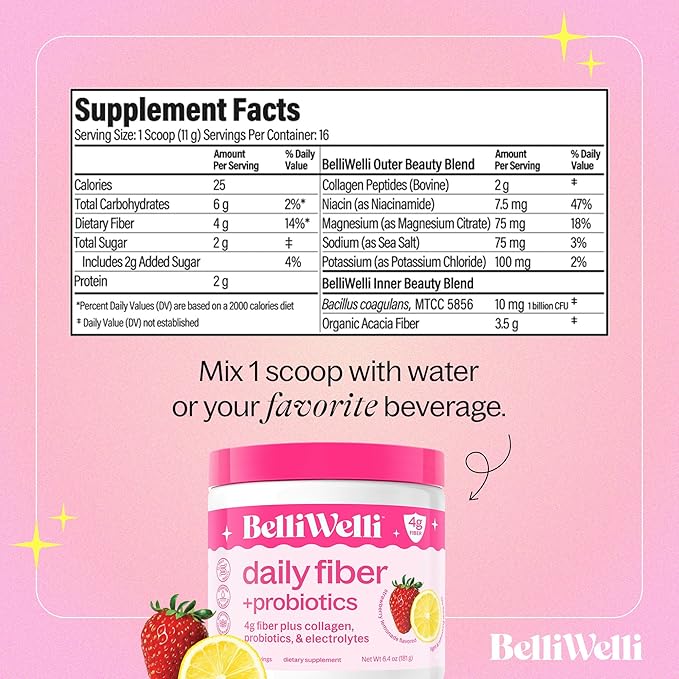 Daily Fiber Supplement Powder with Collagen, Probiotics & Electrolytes | Supports Digestive Health, Gut Balance & Debloating | Strawberry Lemonade | 16 Servings