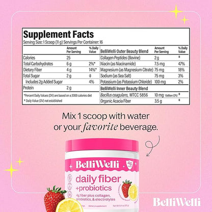 Daily Fiber Supplement Powder with Collagen, Probiotics & Electrolytes | Supports Digestive Health, Gut Balance & Debloating | Strawberry Lemonade | 16 Servings
