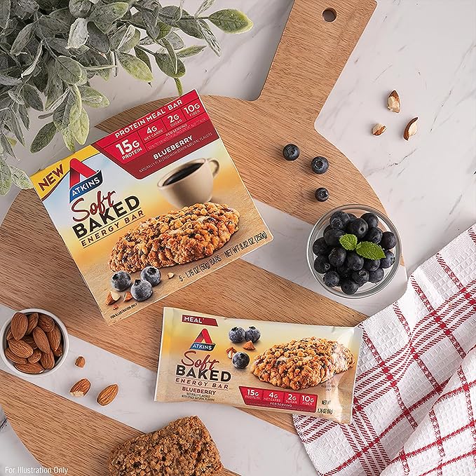 Atkins Soft Baked Energy Bars, Blueberry, 15g Protein,2g Sugar, Excellent Source of Fiber, Low Carb, 4 Packs (5 Bars Each)