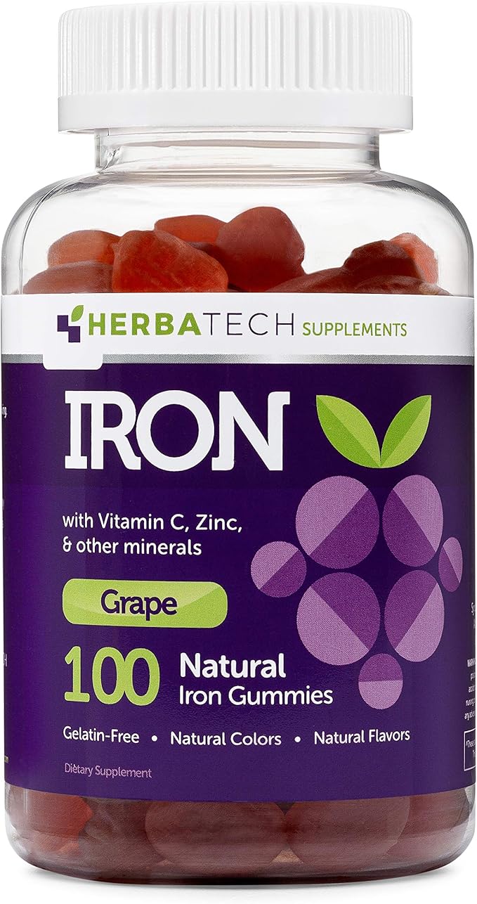 Iron Gummies for Adults and Kids, Chewable Multivitamin Supplement with Iron, Vitamin C, A, B, Zinc, Folic Acid, and Biotin (Grape Flavored) Vegan Safe, Made in The USA from HERBATECH