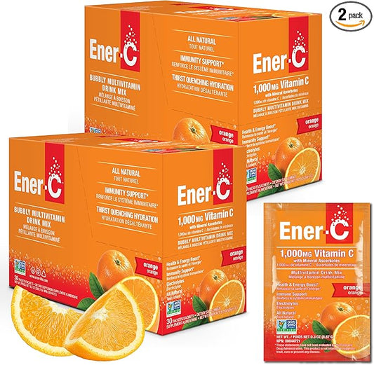 Ener-C Orange Multivitamin Drink Mix Powder Vitamin C 1000mg & Electrolytes with Real Fruit Juice Natural Energy & Immune Support for Women & Men - Non-GMO Vegan & Gluten Free - 60 Count