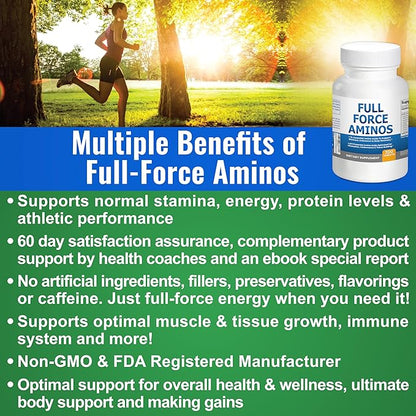 Full Force Amino Acid Supplement, Tissue Building Essential Amino Acids for Workout Recovery. Amino Acids for Performance 5000mg 200 EAA BCAA Tablets