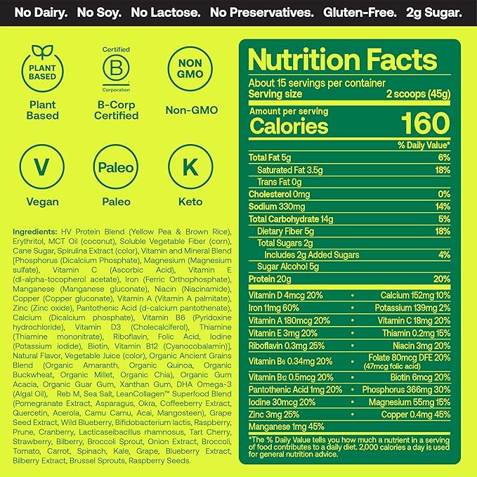 Happy Viking Greeña Colada Plant Protein Powder, Created by Venus Williams, 20G Protein, Low Carb, Keto, Vegan, Gluten-Free, Non-GMO, Superfoods, Complete Meal Replacement, 1 Canister (24 oz.)