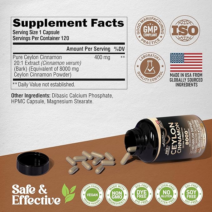 Ceylon Cinnamon Capsules - Extra Strength - Energy, Heart & Metabolism Support - for Men & Women - Pure Natural Extract 20:1 Supplement - Made in USA - GMO & Gluten Free, 120 Capsules, 4 Month Supply