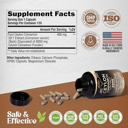 Ceylon Cinnamon Capsules - Extra Strength - Energy, Heart & Metabolism Support - for Men & Women - Pure Natural Extract 20:1 Supplement - Made in USA - GMO & Gluten Free, 120 Capsules, 4 Month Supply