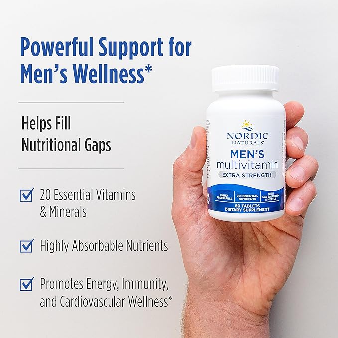 Nordic Naturals Men’s Multivitamin Extra Strength - Bone, Energy, & Blood-Vessel Support - Immunity Supplement - 20 Essential Nutrients - 60 Tablets - 30 Servings