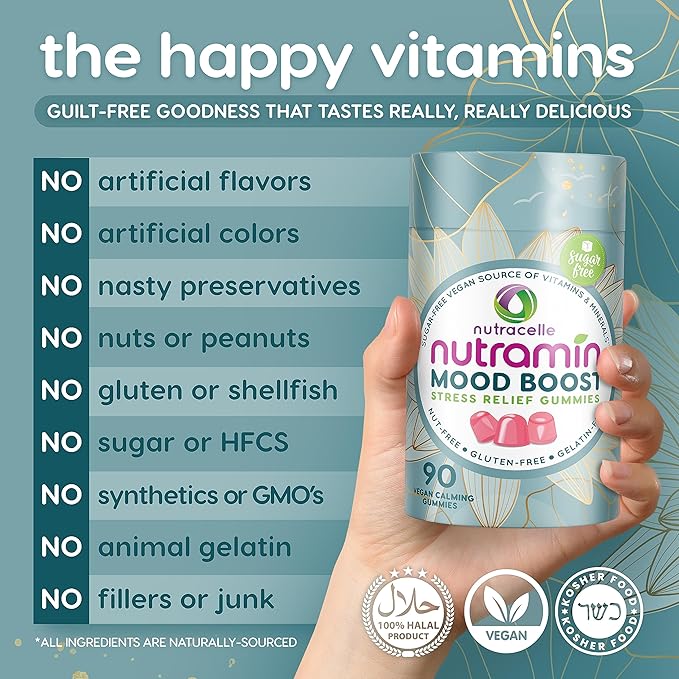 NUTRAMIN Mood Boost Multivitamin Gummy - Delicious & Yummy Anti-Stress Magnesium Ashwagandha Gummies + B Complex Vitamins for Focus and Calm - Sugar-Free, Vegan, Gluten-Free, Allergy-Safe (90 Count)