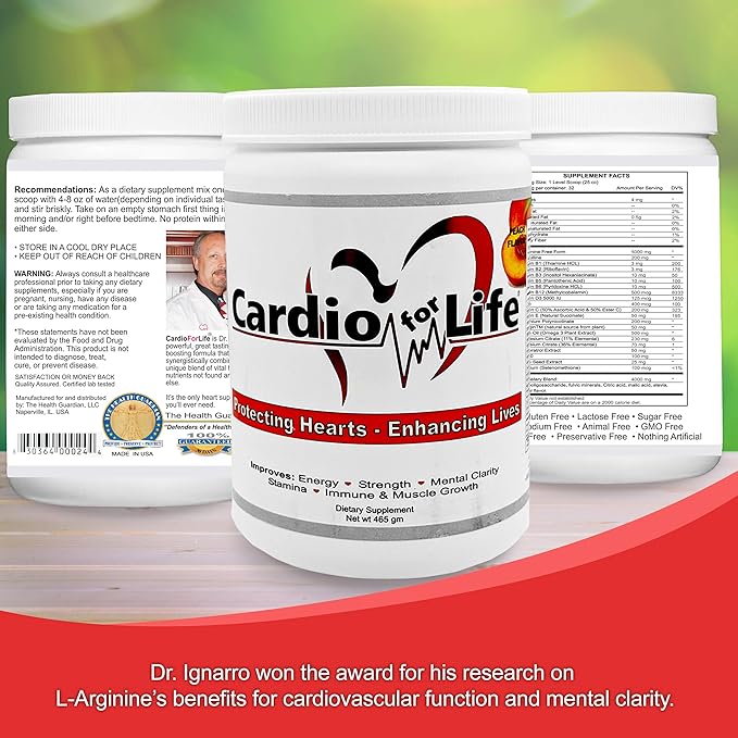 Cardio for Life - L-Arginine Powder 16oz. - Natural Nitric Oxide Supplement - Peach